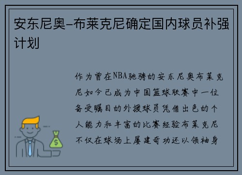 安东尼奥-布莱克尼确定国内球员补强计划